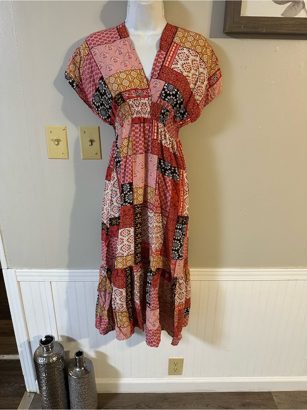 blue island Patchwork Maxi Dress in Pink, Rust and Black